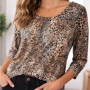 Chico’s Animal Print Top Size 1 Brown Black 3/4 Sleeve Stretch Blouse